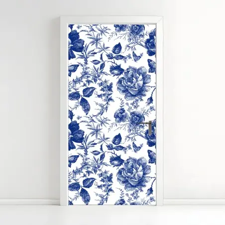 Sticker pour porte motif floral bleu classique et raffiné – Wallnifity®