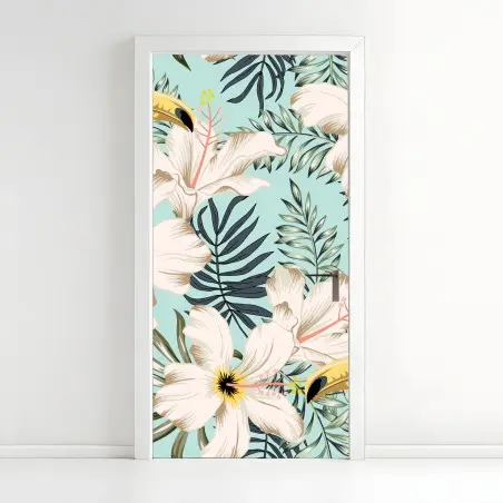 Sticker pour porte motif tropical hibiscus et toucans sur fond menthe – Wallnifity®