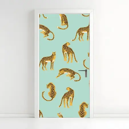 Sticker pour porte motif guépards sur fond menthe – Wallnifity®