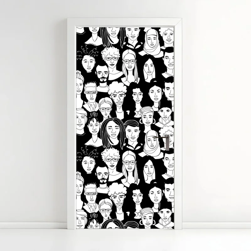 Sticker pour porte foule de visages stylisés en noir et blanc – Wallnifity®