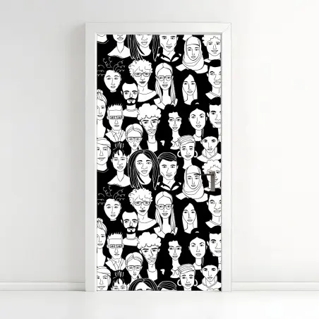 Sticker pour porte foule de visages stylisés en noir et blanc – Wallnifity®