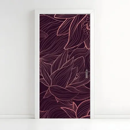 Sticker pour porte motif floral linéaire rose doré sur fond bordeaux – Wallnifity®
