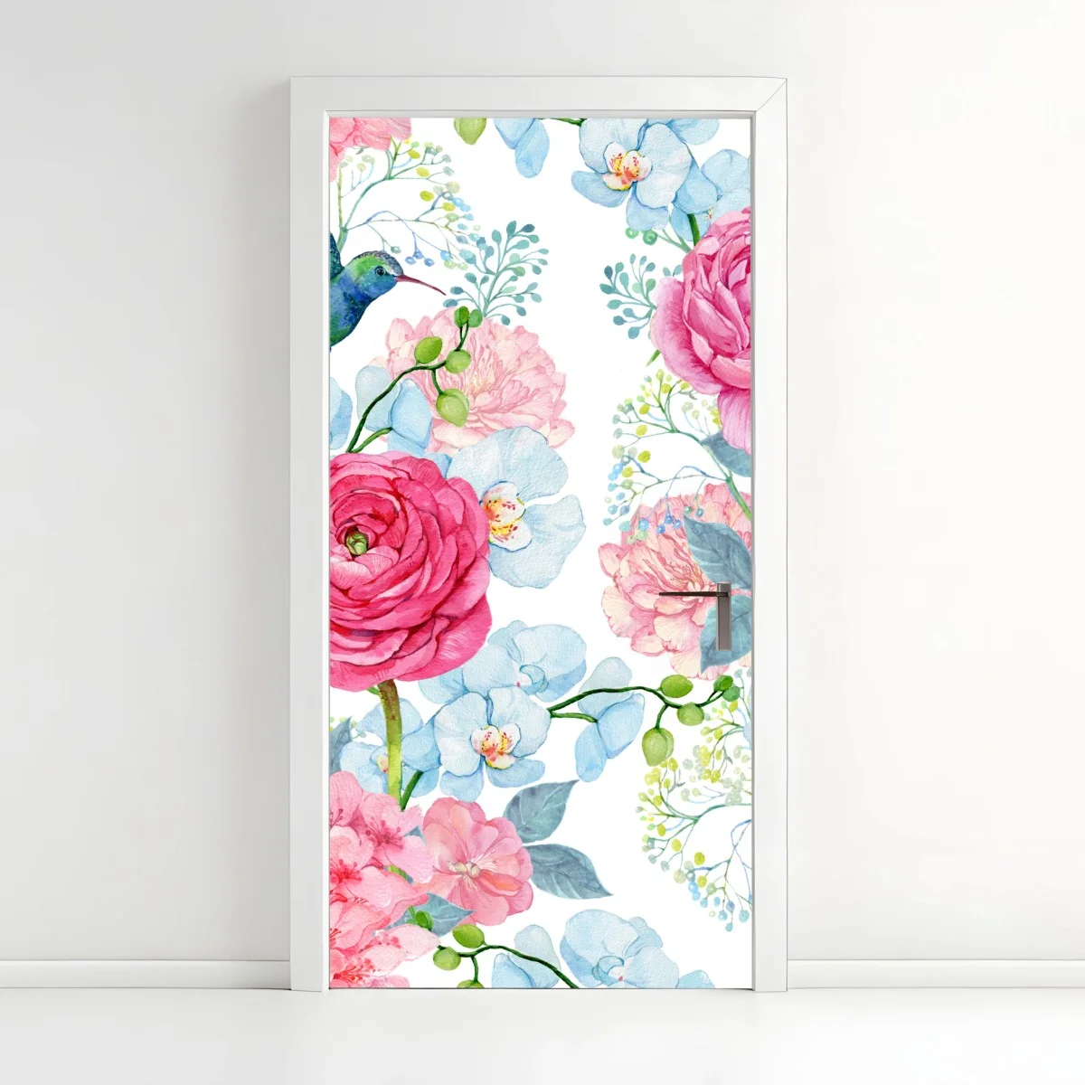 Sticker pour porte motif floral aquarelle avec colibri et pivoines – Wallnifity® Sticker pour porte motif floral aquarelle avec colibri et pivoines – Wallnifity®