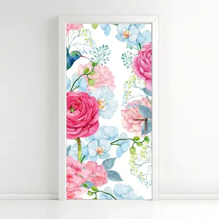 Sticker pour porte motif floral aquarelle avec colibri et pivoines – Wallnifity®