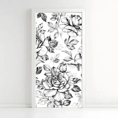 Sticker pour porte motif floral vintage rose en dessin au crayon – Wallnifity®