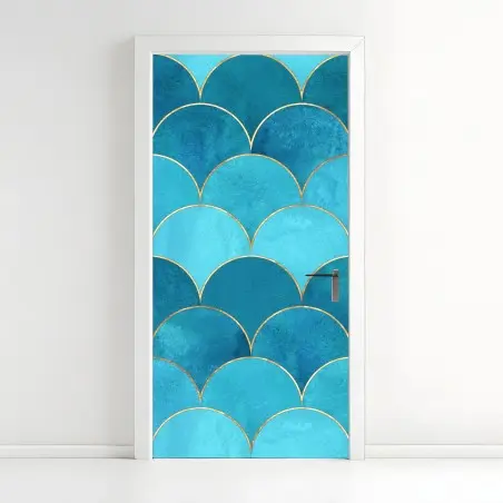 Sticker pour porte motif d'écailles bleues avec liserés dorés – Wallnifity®