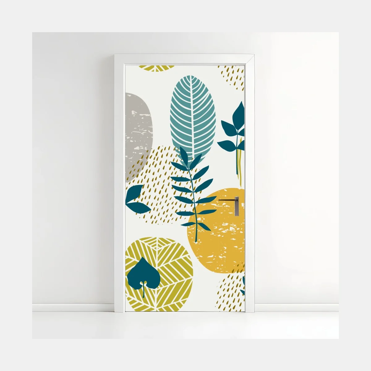 Sticker pour porte motif botanique graphique aux cercles moutarde et sarcelle – Wallnifity® Sticker pour porte motif botanique graphique aux cercles moutarde et sarcelle – Wallnifity®