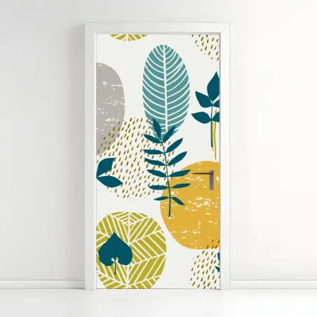 Sticker pour porte motif botanique graphique aux cercles moutarde et sarcelle – Wallnifity®