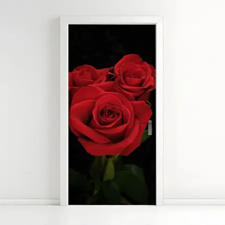 Sticker pour porte bouquet de roses rouges sur fond noir – Wallnifity®