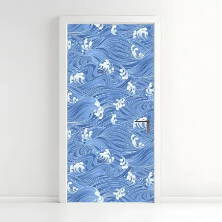 Sticker pour porte motif de vagues stylisées bleu océan – Wallnifity®