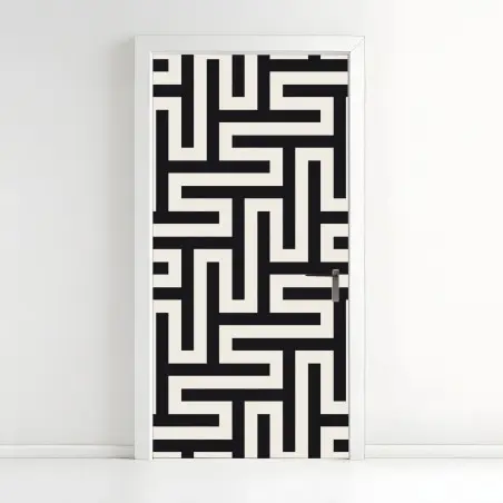 Sticker pour porte motif labyrinthe géométrique noir et beige – Wallnifity®
