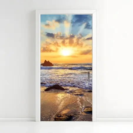 Sticker pour porte coucher de soleil sur la côte rocheuse – Wallnifity®