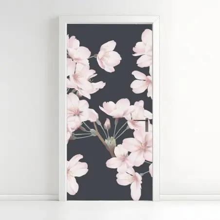 Sticker pour porte motif de fleurs de cerisier délicates sur fond gris – Wallnifity®