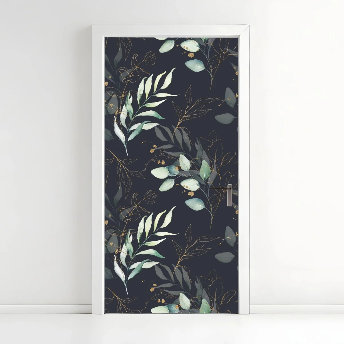 Sticker pour porte motif feuilles aquarelle avec accents dorés sur fond sombre – Wallnifity® Sticker pour porte motif feuilles aquarelle avec accents dorés sur fond sombre – Wallnifity®