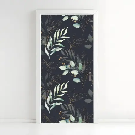 Sticker pour porte motif feuilles aquarelle avec accents dorés sur fond sombre – Wallnifity®