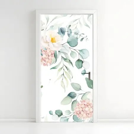 Sticker pour porte motif floral aquarelle aux pivoines et eucalyptus – Wallnifity®