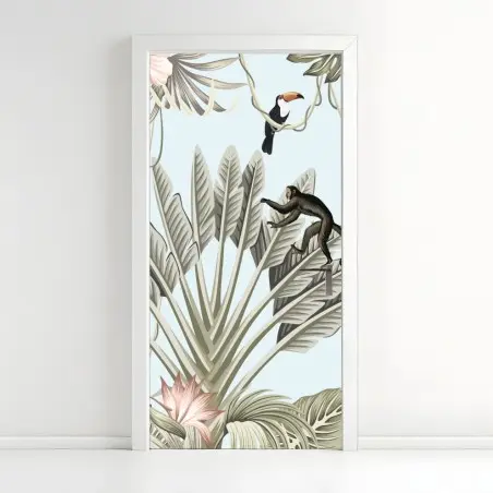 Sticker pour porte motif de jungle tropicale en tons pastel – Wallnifity®