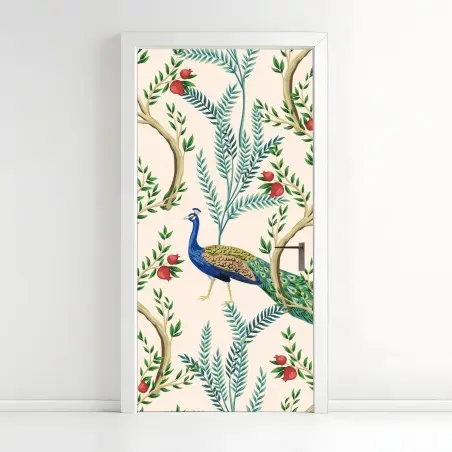 Sticker pour porte motif paon et grenades dans un décor botanique – Wallnifity®