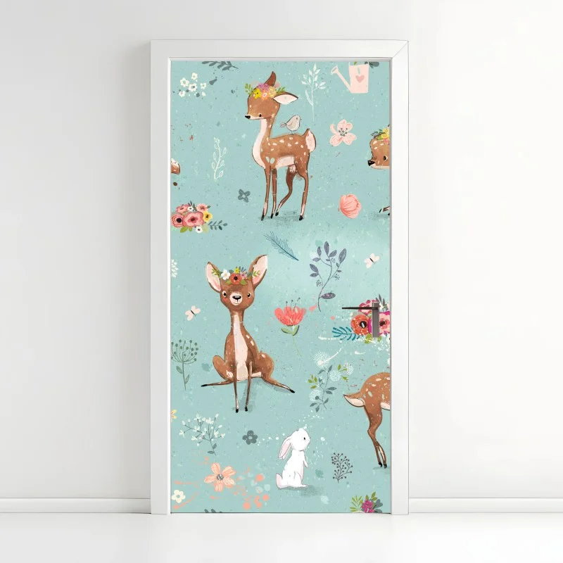 Sticker pour porte douce forêt de faons et lapins – Wallnifity® Sticker pour porte douce forêt de faons et lapins – Wallnifity®