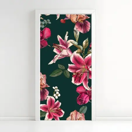 Sticker pour porte motif floral élégant sur fond vert profond – Wallnifity®