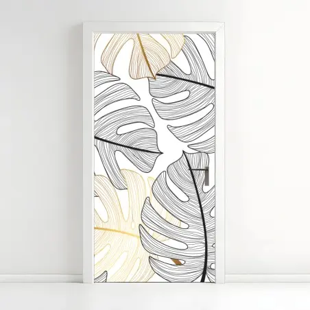 Sticker pour porte motif feuilles de monstera noir et doré – Wallnifity®