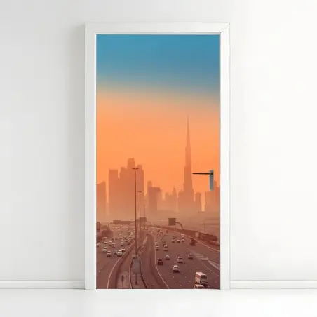 Sticker pour porte panorama orangé de Dubaï au coucher du soleil – Wallnifity®