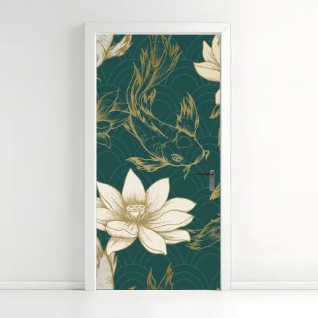 Sticker pour porte motif lotus et carpes koi sur fond vert émeraude – Wallnifity®