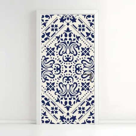 Sticker pour porte motif damassé bleu marine sur fond crème – Wallnifity®