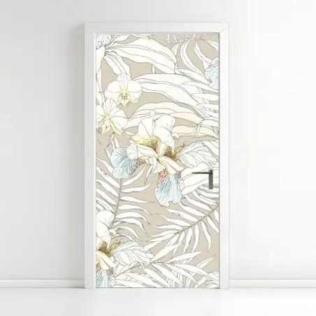 Sticker pour porte décor tropical aux cacatoès et orchidées sur fond beige – Wallnifity®