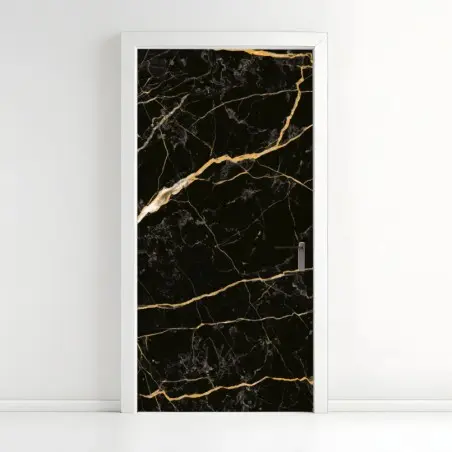 Sticker pour porte marbre noir aux veines dorées – Wallnifity®