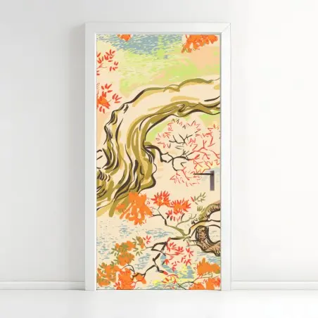 Sticker pour porte paysage japonisant aux feuilles d'érable – Wallnifity®