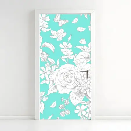 Sticker pour porte motif floral délicat sur fond turquoise – Wallnifity®