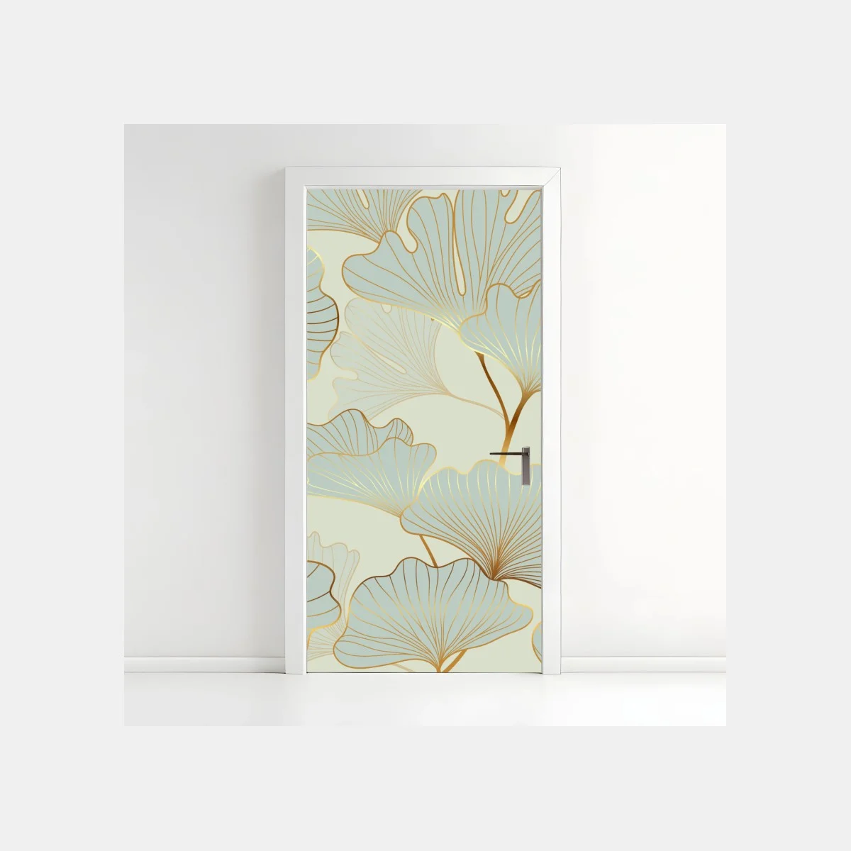 Sticker pour porte motif feuilles de ginkgo dorées sur fond pastel – Wallnifity® Sticker pour porte motif feuilles de ginkgo dorées sur fond pastel – Wallnifity®
