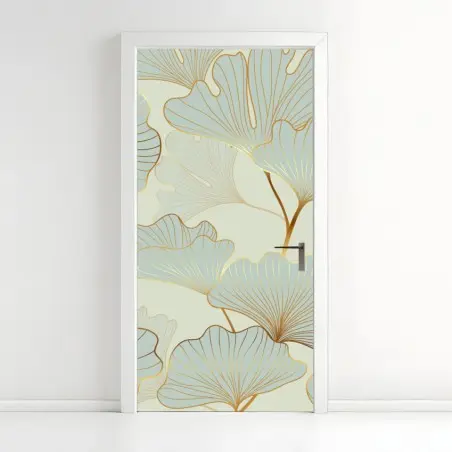 Sticker pour porte motif feuilles de ginkgo dorées sur fond pastel – Wallnifity®