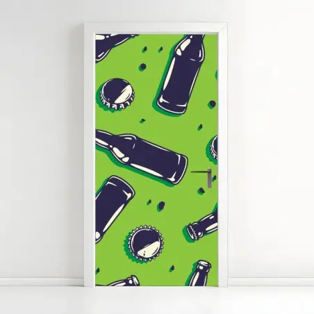 Sticker pour porte motif bouteilles et capsules sur fond vert – Wallnifity®