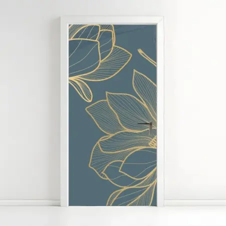 Sticker pour porte motif floral doré sur fond bleu-gris – Wallnifity®
