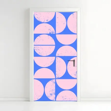 Sticker pour porte motif géométrique rétro rose et bleu – Wallnifity®