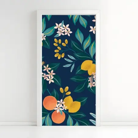 Sticker pour porte motif botanique d'agrumes sur fond bleu profond – Wallnifity®