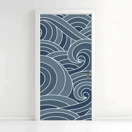 Sticker pour porte vagues stylisées japonaises bleu-gris – Wallnifity®