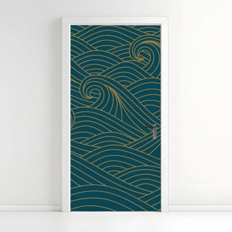 Sticker pour porte motif de vagues dorées sur fond bleu canard – Wallnifity®