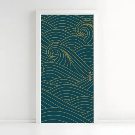 Sticker pour porte motif de vagues dorées sur fond bleu canard – Wallnifity®