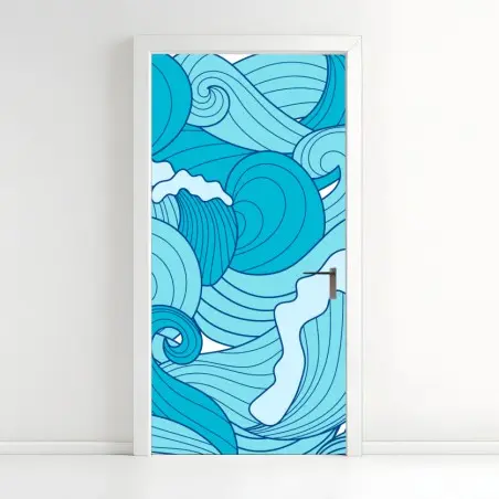 Sticker pour porte vagues stylisées en nuances de bleu – Wallnifity®