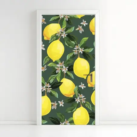 Sticker pour porte motif citrons et fleurs sur fond vert – Wallnifity®