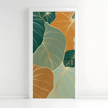 Sticker pour porte motif de feuilles dorées vertes et ocres – Wallnifity®
