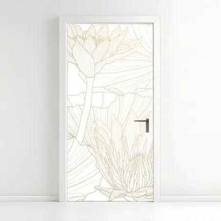Sticker pour porte motif nénuphar doré sur fond crème – Wallnifity®