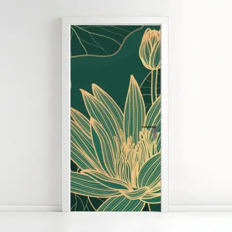 Sticker pour porte lotus dorés sur fond vert élégant – Wallnifity®