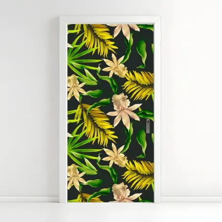 Sticker pour porte motif tropical d'orchidées et de feuilles exotiques sur fond sombre – Wallnifity®