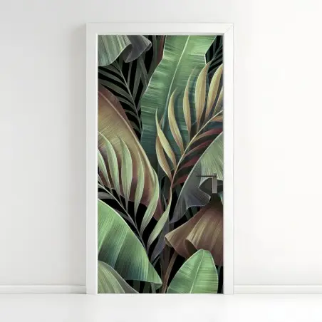 Sticker pour porte fresque de feuillage tropical aux tons verts – Wallnifity®