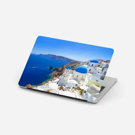 Sticker pour ordinateur portable village aux dômes bleus de Santorin – Wallnifity®