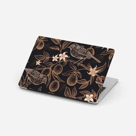 Sticker pour ordinateur portable motif botanique d'oiseaux et d'agrumes sur fond noir – Wallnifity®
